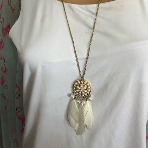 White pearl feather long necklace stud earrings